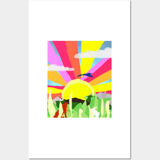 The Quiet Sunrise, with animals in a peaceful fun and colorful landscape Posters and Art